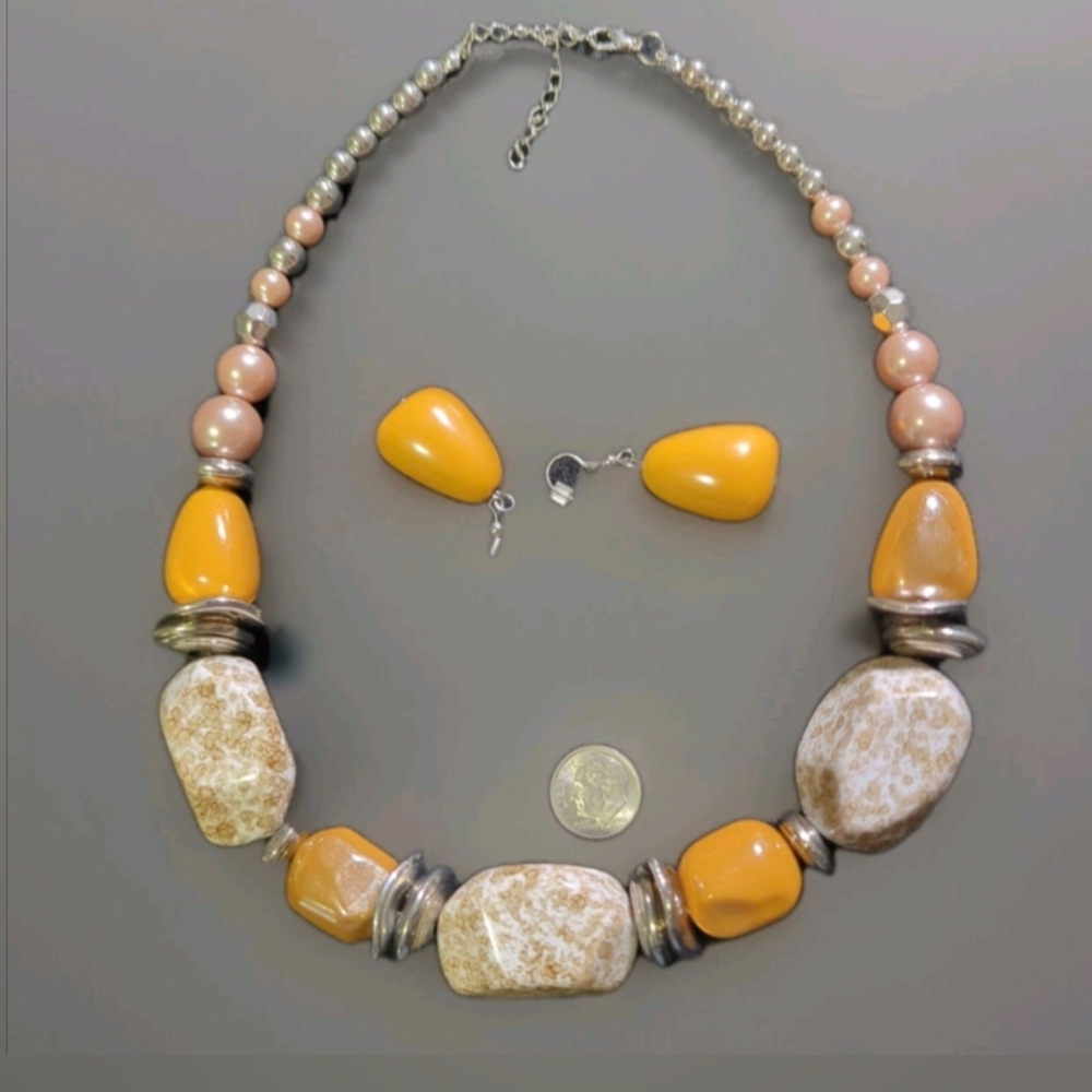 Vintage Chunky Orange And Brown Large Beaded Necklace & Earrings
